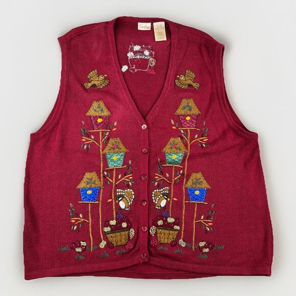 VTG Bobbie Brooks Plus Size Embroidered Knit Sweater Vest 28W Birds Teacher Fall - Picture 1 of 9